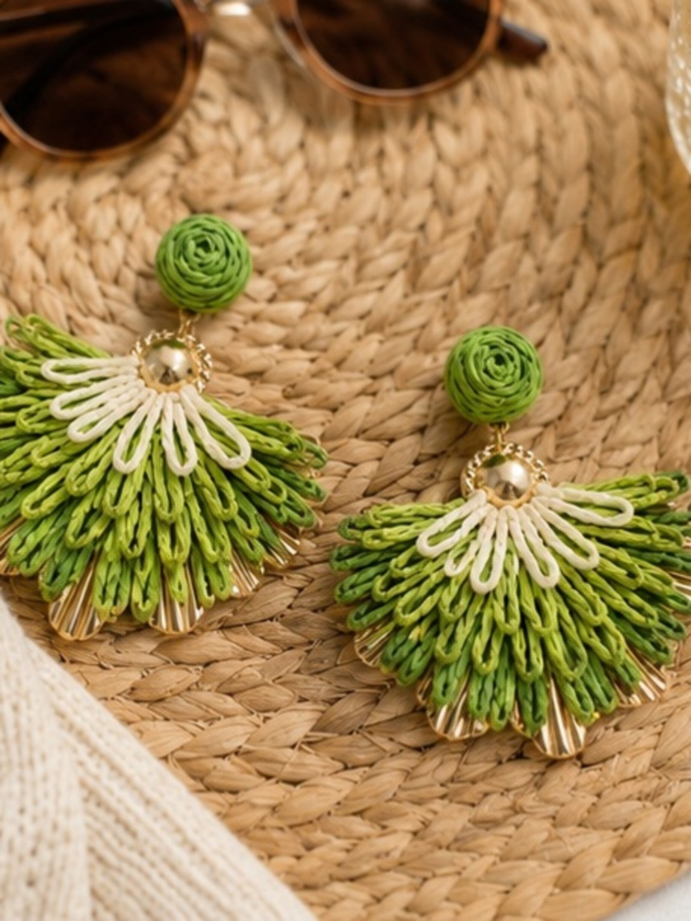 Green Raffia Fan Statement Earrings | Boho Resort Style